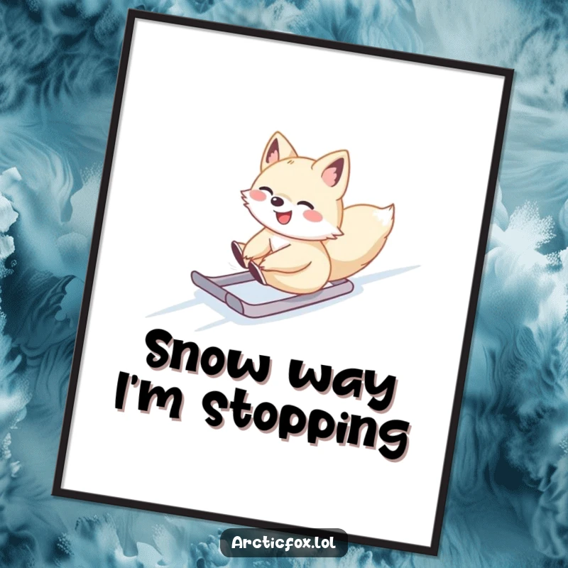 Cute Arctic fox sliding gleefully down a snowy slope, as a decorative poster, ideal for winter art.
