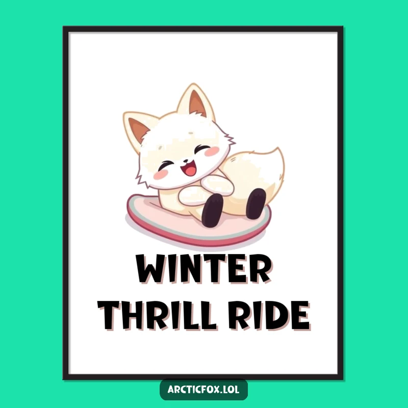 Funny Arctic Fox Snow Slide Poster: Cheerful Winter Fox Art Print, Joyful Decor Gift