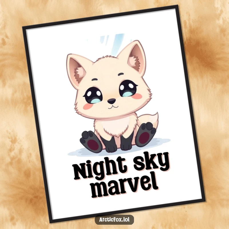 Funny arctic fox with wide, wonder-filled eyes observing a dazzling aurora borealis, presented as magical wall art.