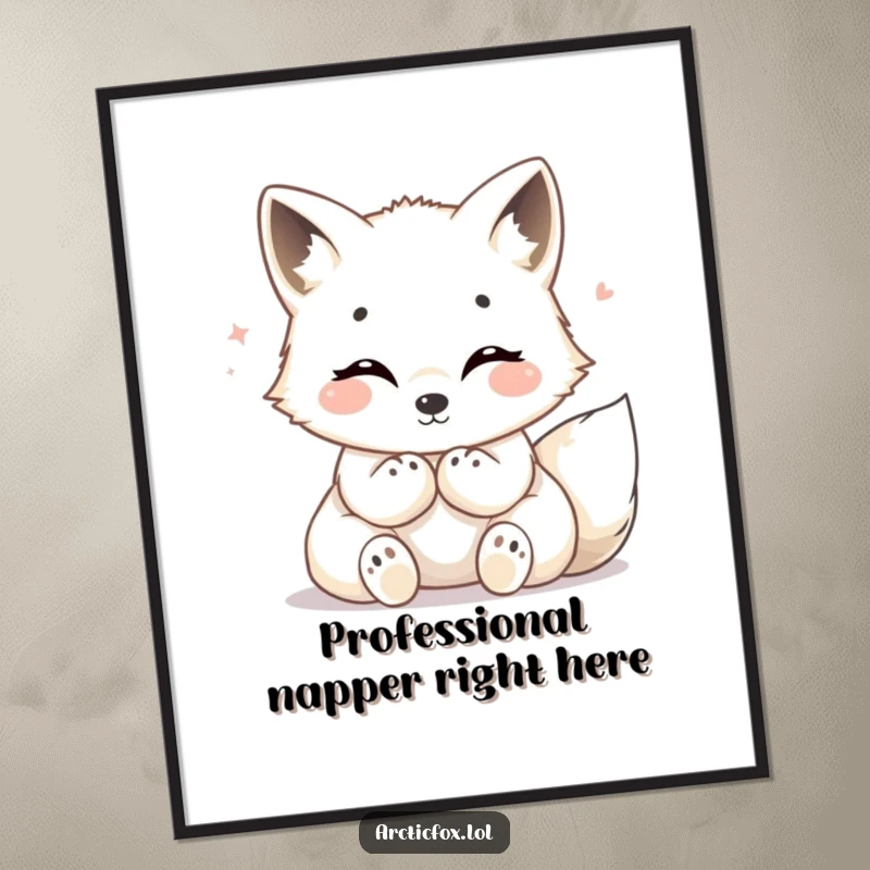Funny Arctic fox poster, depicting a content fox with paws tucked, radiating warmth and happiness, ideal for wall decor.