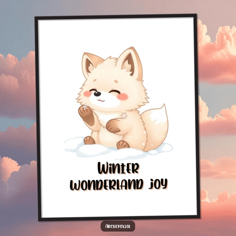 Funny arctic fox poster showing a fluffy fox with paws deep in snow, gleefully catching a snowflake.