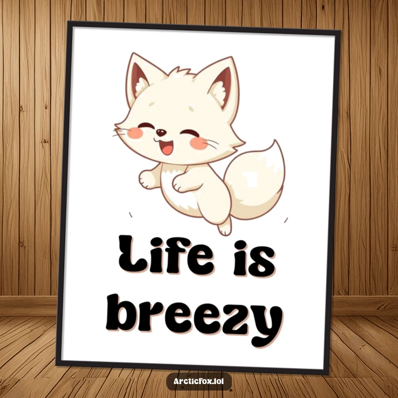 Funny Kawaii arctic fox playfully pouncing on a gust of wind, a delightful and humorous wall art poster.