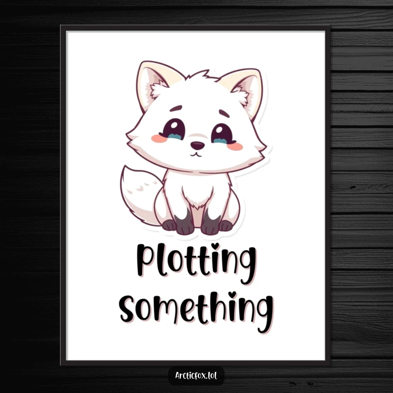 Funny Kawaii Arctic Fox Poster: Vibrant wall art of a cute white fox with wide eyes and perked ears, hilariously surprised.