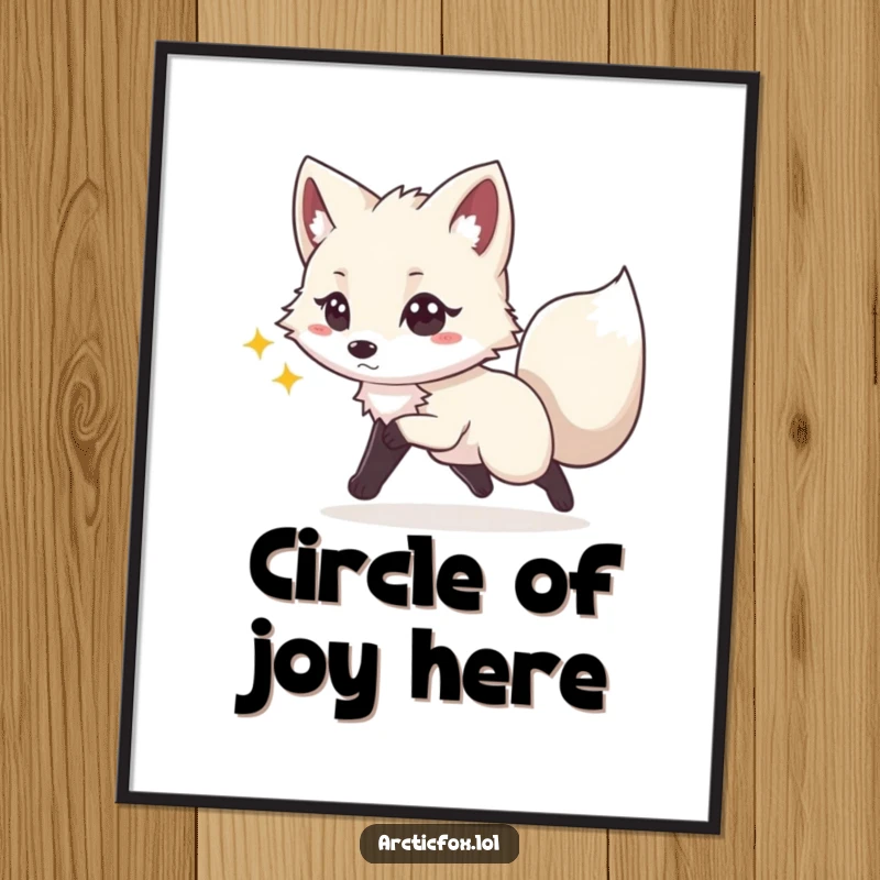Funny poster featuring a playful Arctic fox with a spark in its eyes, joyfully chasing its own tail in a dynamic, fun composition.