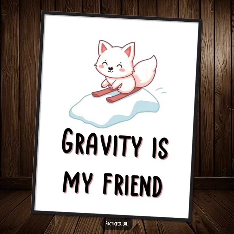 Funny Kawaii Arctic Fox Poster, gleefully sliding down an icy slope, cute wall art, humorous arctic animal illustration, perfect funny gift