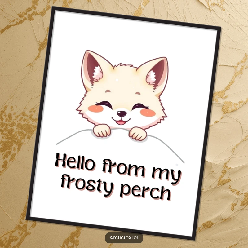 Funny Arctic fox poster, peeking over a snow drift with a bright smile, perfect wall decor for a playful vibe.