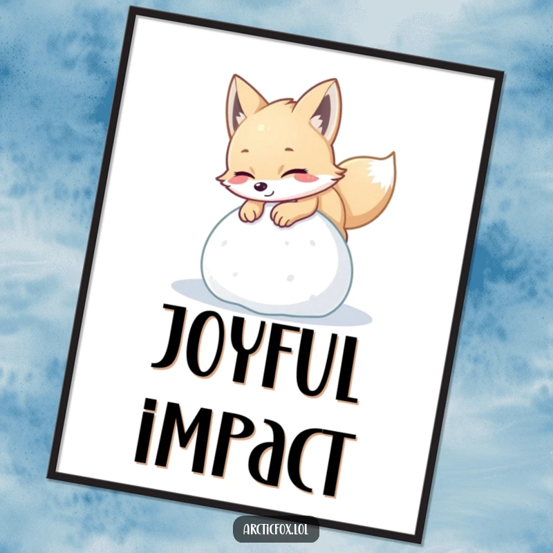 Funny arctic fox poster showing a playful creature pouncing with delight on a ball of soft snow, conveying winter energy.