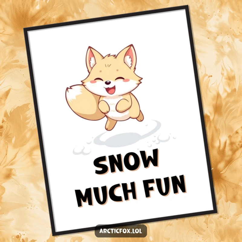 Funny kawaii arctic fox poster showing a joyful creature leaping through fresh snow with perked ears. Cute and humorous winter wall art, perfect funny gift.