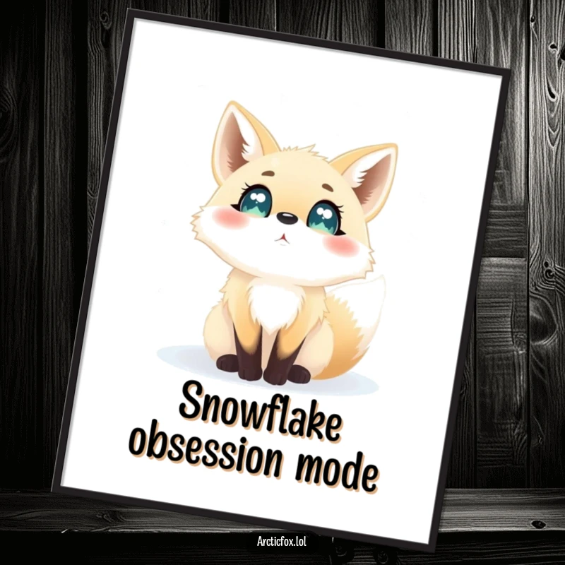 Funny poster depicting an arctic fox with large, fascinated eyes watching the gentle, enchanting fall of snowflakes.