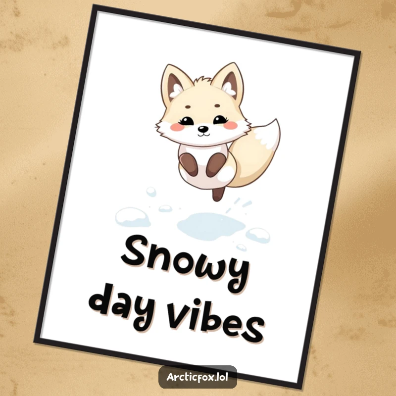 Funny Kawaii Arctic Fox Poster: A cute, artistic print of an arctic fox in kawaii style, leaping playfully in fresh snow.