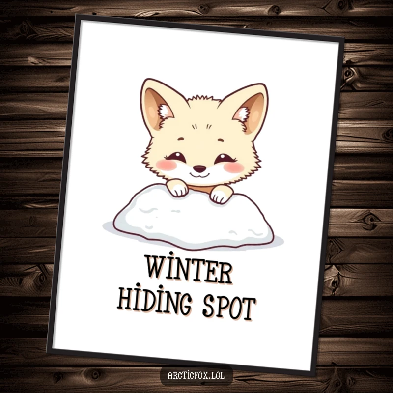 Funny arctic fox poster of a smiling creature playfully peeking from behind a snowy mound. Cute and humorous winter wall art, perfect funny gift.