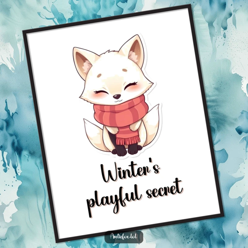 Funny winking Arctic fox poster, bundled in a warm scarf, adding whimsical charm and cozy arctic vibes to any wall.