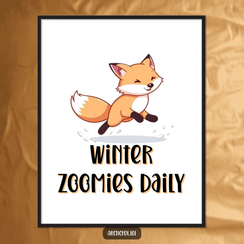 Funny Arctic Fox Poster: Energetic fox kicking up snow in a dynamic pose, vibrant art for any room, perfect funny gift.