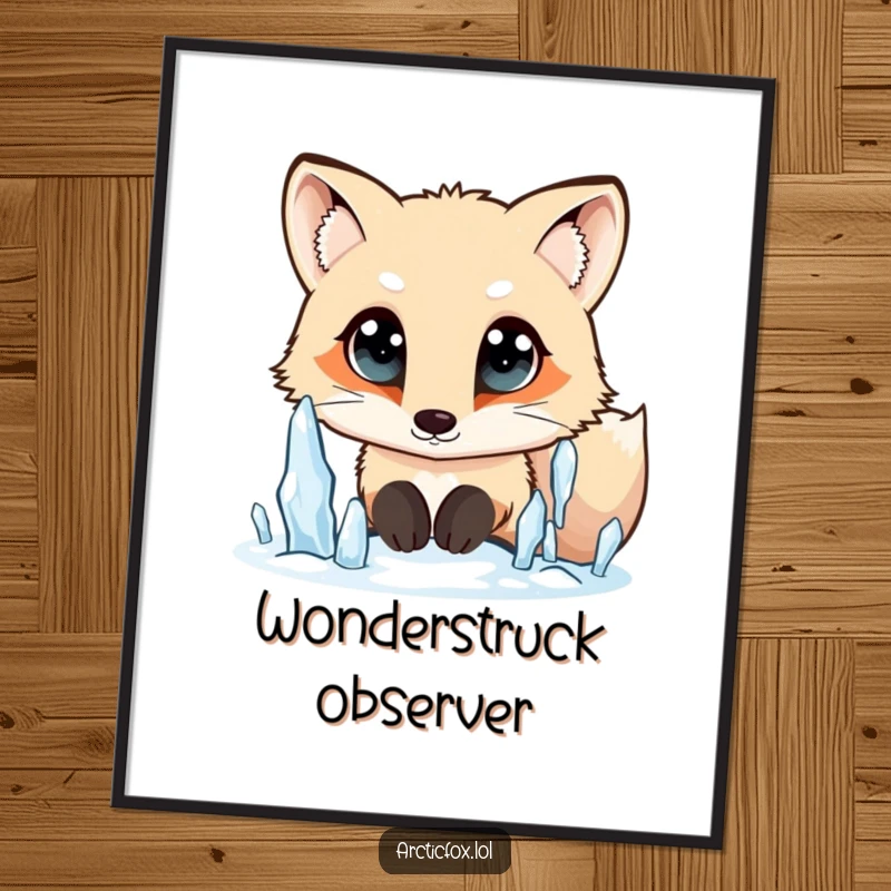 Funny Arctic fox poster, wide curious eyes, looking at falling icicles, whimsical wall art, perfect for a contemplative funny gift.