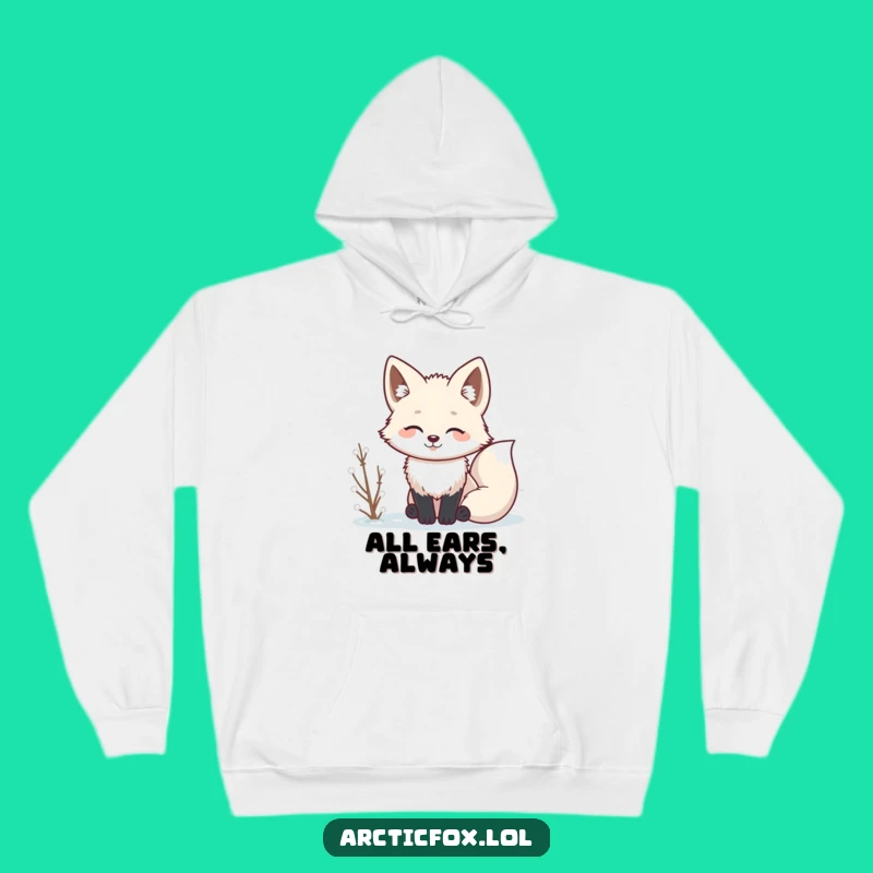 Cozy Funny Kawaii Arctic Fox Listening Hoodie: Warmth and Whispers of Laughter
