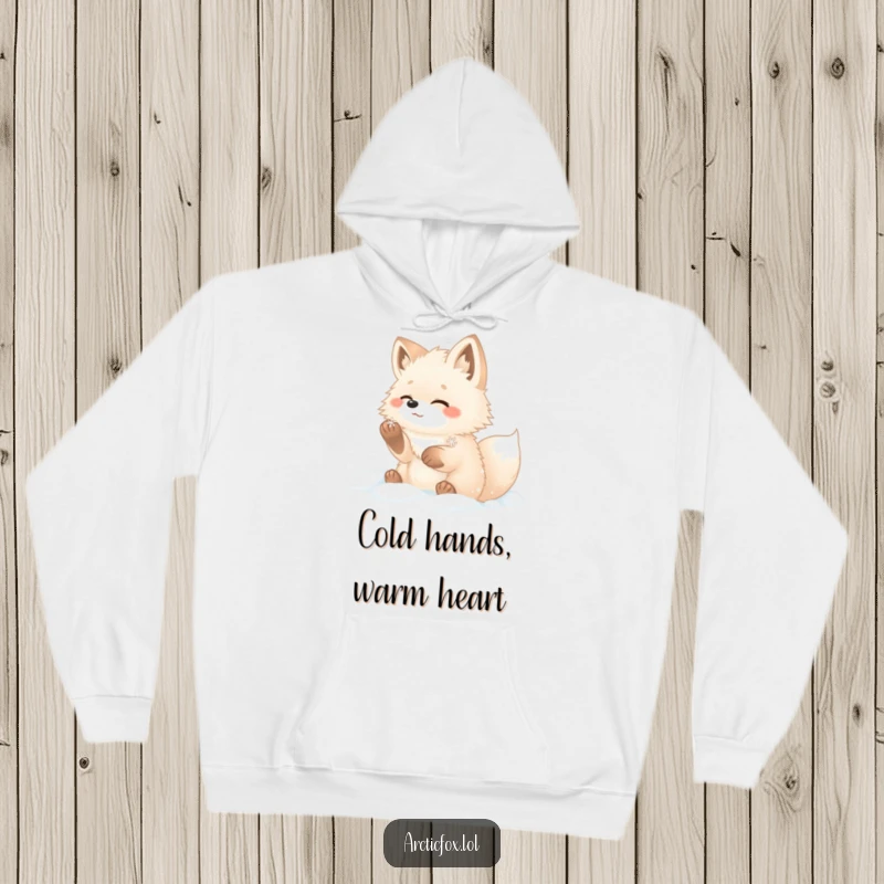 Funny arctic fox hoodie showing a fluffy fox with paws deep in snow, gleefully catching a snowflake.