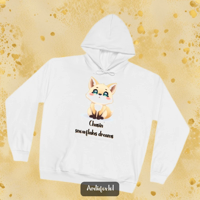 Funny hoodie featuring a wide-eyed arctic fox gazing with excitement at softly falling snowflakes, embodying winter's wonder.