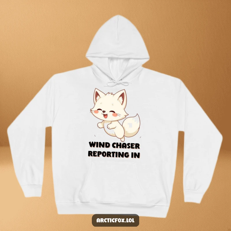 Funny Kawaii arctic fox excitedly pouncing on a playful gust of wind, a warm and humorous hoodie design.