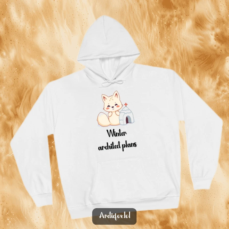 Funny Kawaii arctic fox creating a small snow fort, a warm and humorous hoodie design.