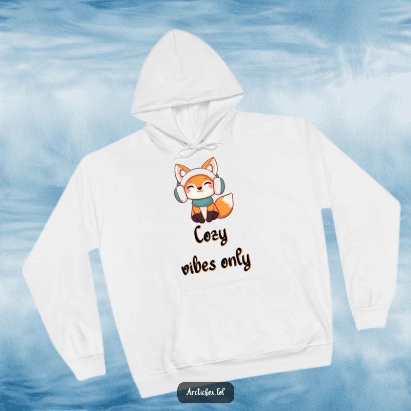 Funny Hoodie: A content fox character wearing plush earmuffs, radiating pure joy and warmth, ideal for cozy vibes.