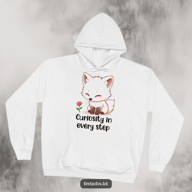 Funny kawaii arctic fox curiously sniffing a tiny single bloom, illustrated on a warm and cozy hoodie.