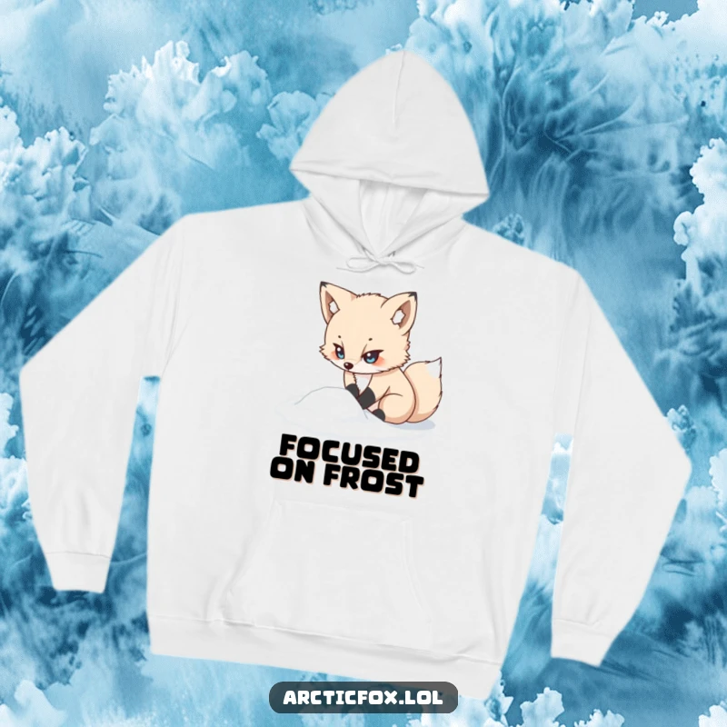 Funny kawaii arctic fox hoodie, looking determined while digging in snow, a warm and funny winter gift.
