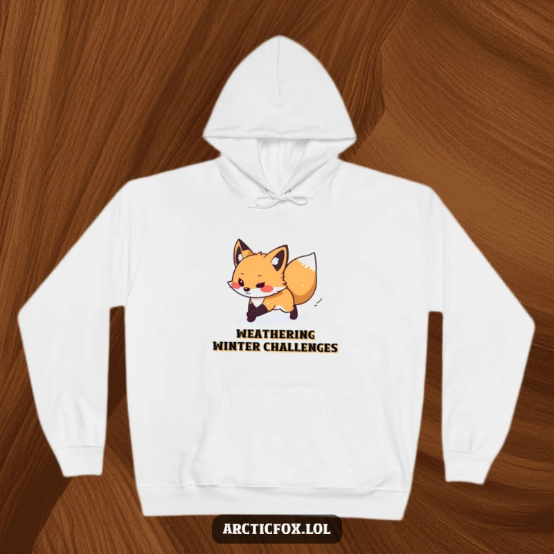 Funny hoodie featuring a determined arctic fox bravely trekking through a gentle snow flurry, symbolizing perseverance.