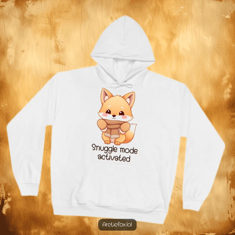 Funny Fluffy Fox Hoodie featuring a cute fox character in cozy mittens and a scarf, designed for ultimate warmth and winter comfort.