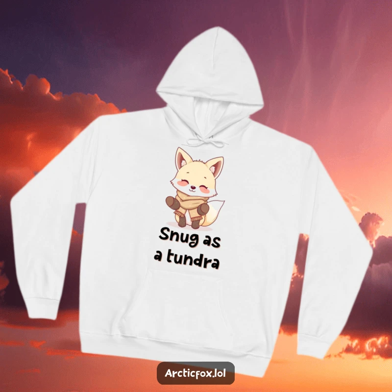 Funny Giggling Fox Hoodie: Cozy pullover featuring a giggling arctic fox in winter gear, perfect for staying warm and funny.