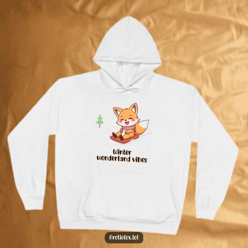 Funny hoodie featuring a gleeful fox character sliding gleefully down a snowy hill, its face lit up with joyful giggles.