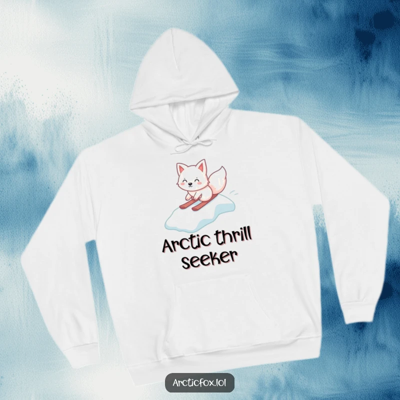 Funny Kawaii Arctic Fox Hoodie, gleefully sliding down an icy slope, warm winter wear, delightful arctic animal art, great funny gift