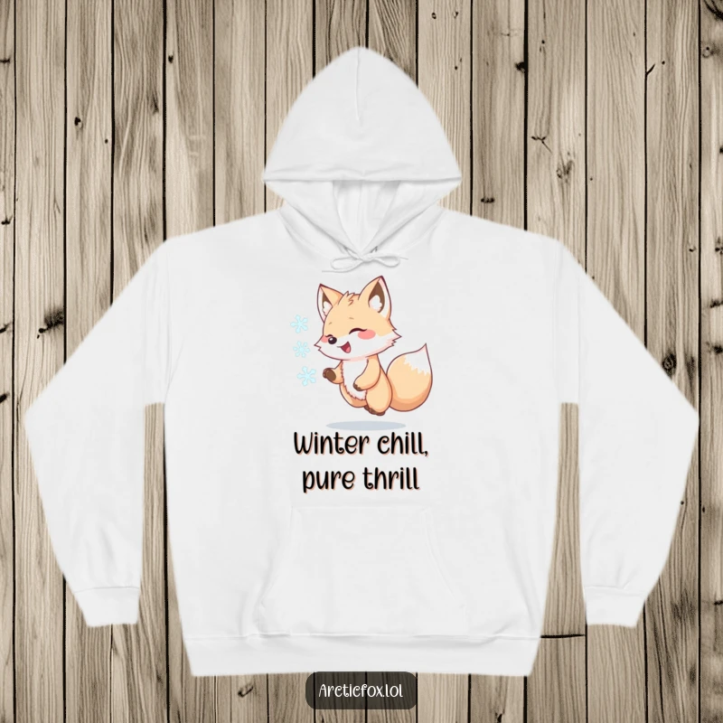 Funny Kawaii Arctic Fox Hoodie, joyfully chasing a snowflake, warm and cozy winter wear, delightful arctic animal illustration, great funny gift