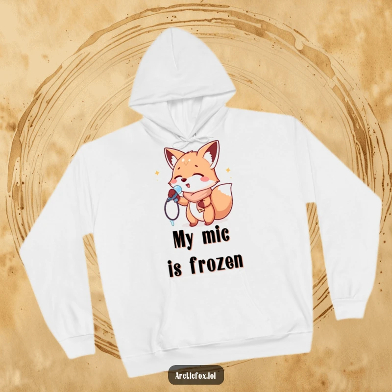 Funny Hoodie: A fox enthusiastically singing into an icicle microphone, capturing the spirit of a winter rockstar.