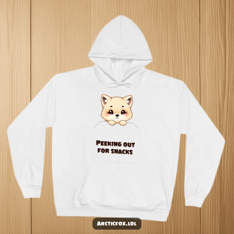 Funny hoodie print of a chubby Arctic fox peeking curiously from a snowdrift, with its ears and nose poking out, looking sweet.
