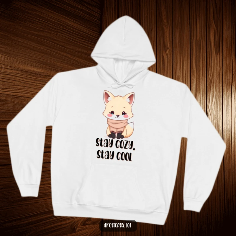 Funny kawaii arctic fox wearing a tiny cozy scarf and smiling, illustrated on a warm and comfortable hoodie.