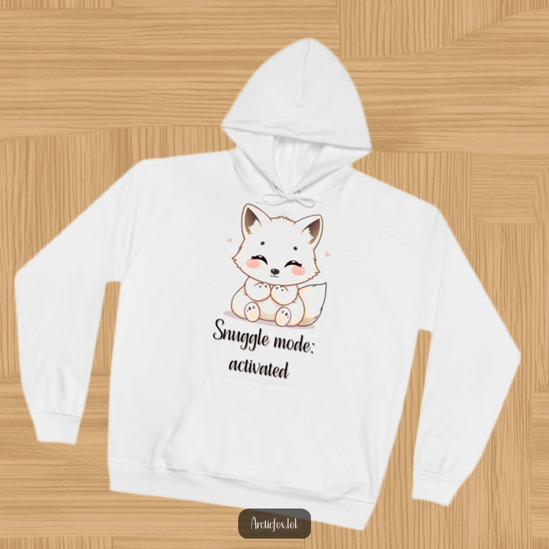 Funny Arctic fox hoodie, illustrating a contented creature with paws tucked warmly, exuding happiness and coziness.