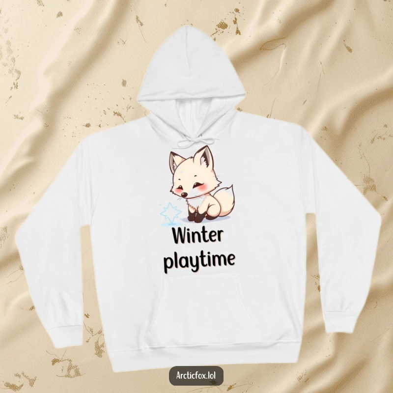 Funny Arctic fox hoodie, playfully chasing snowflake, cozy winter vibes, comfortable and humorous, a perfect funny gift.