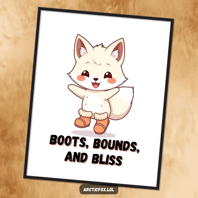 Funny Free Printable Wall Art of an arctic fox wearing little boots and captured mid-leap, radiating pure joy.