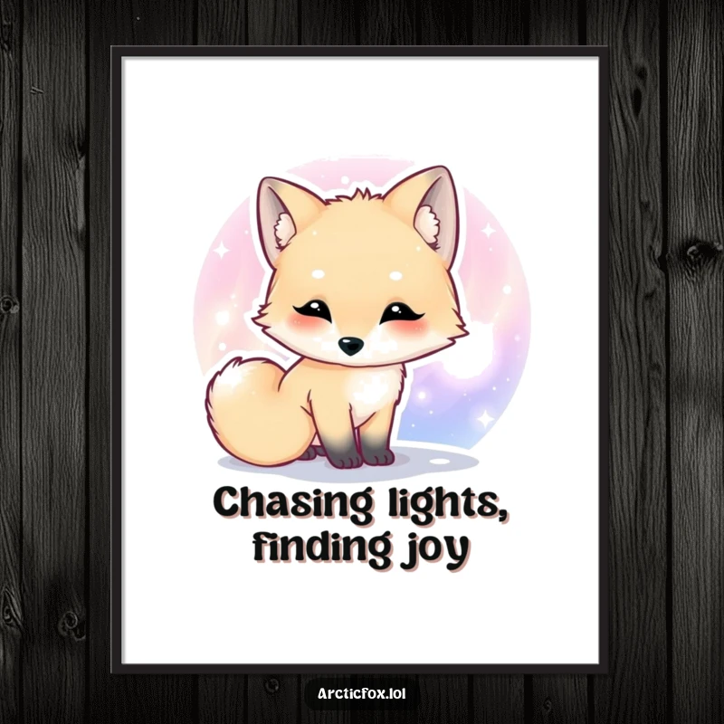 Funny Free Printable Wall Art: A kawaii arctic fox curiously sniffs the rainbow hues of a spectacular aurora.
