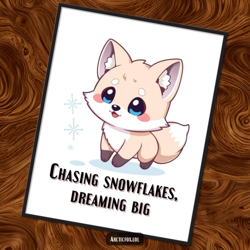 Funny Free Printable Wall Art: A small, wide-eyed Arctic fox joyfully chases a single, enchanting snowflake in the snow.