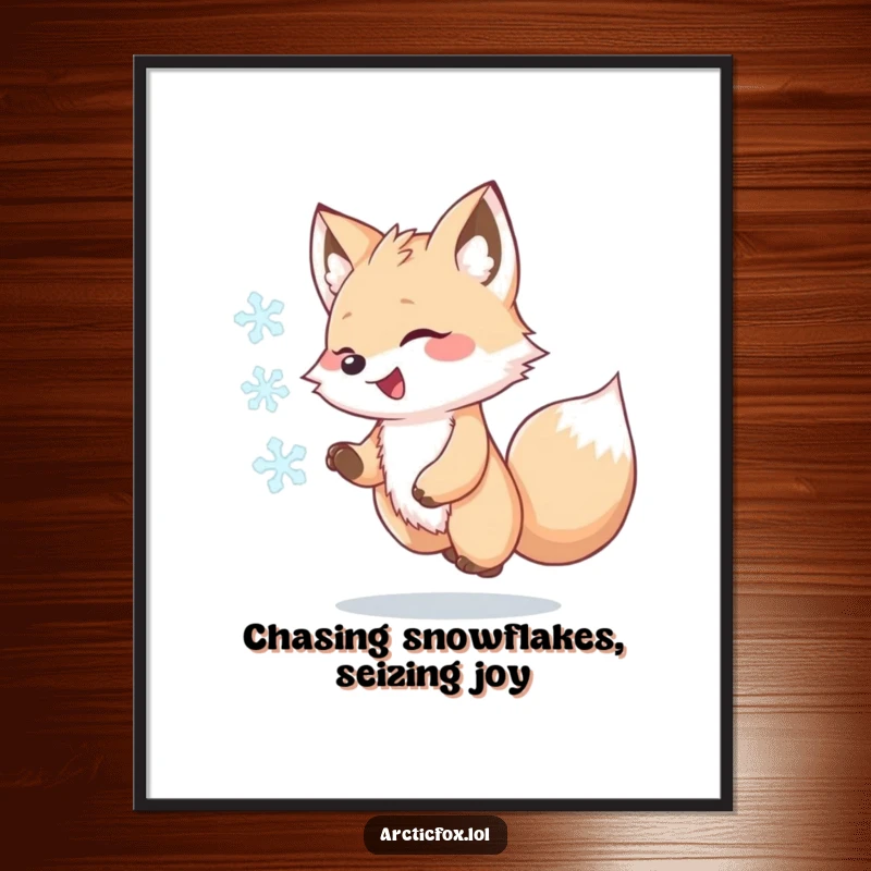 Funny Free Printable Wall Art depicting a joyful kawaii arctic fox in pursuit of a swirling snowflake against a snowy backdrop.