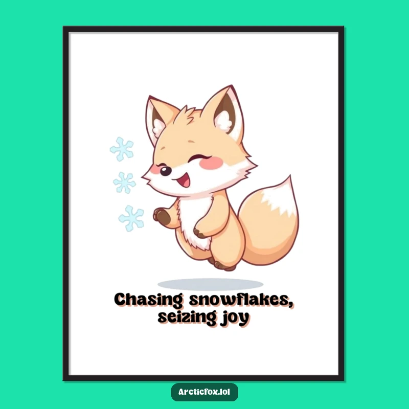 Funny Free Printable Wall Art: Kawaii Arctic Fox Snowflake Chase Downloadable Art
