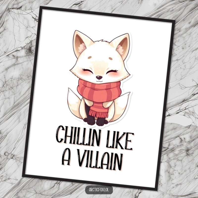 Funny Free Printable Wall Art: Winking Arctic fox in a warm scarf, exuding cool confidence and charm.