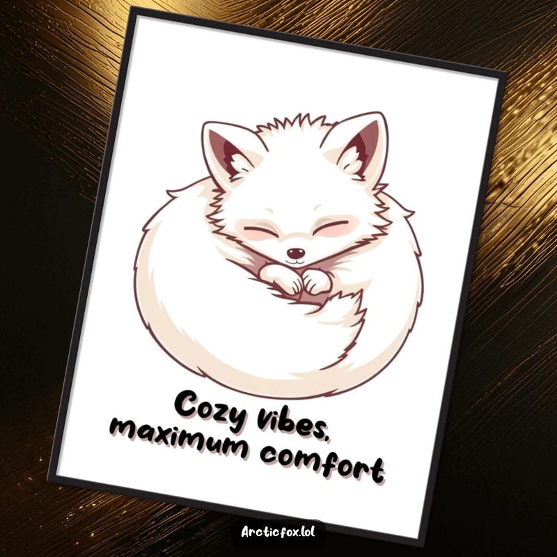 Funny Free Printable Wall Art: Happy arctic fox curling into a fluffy, contented ball, embodying pure comfort.