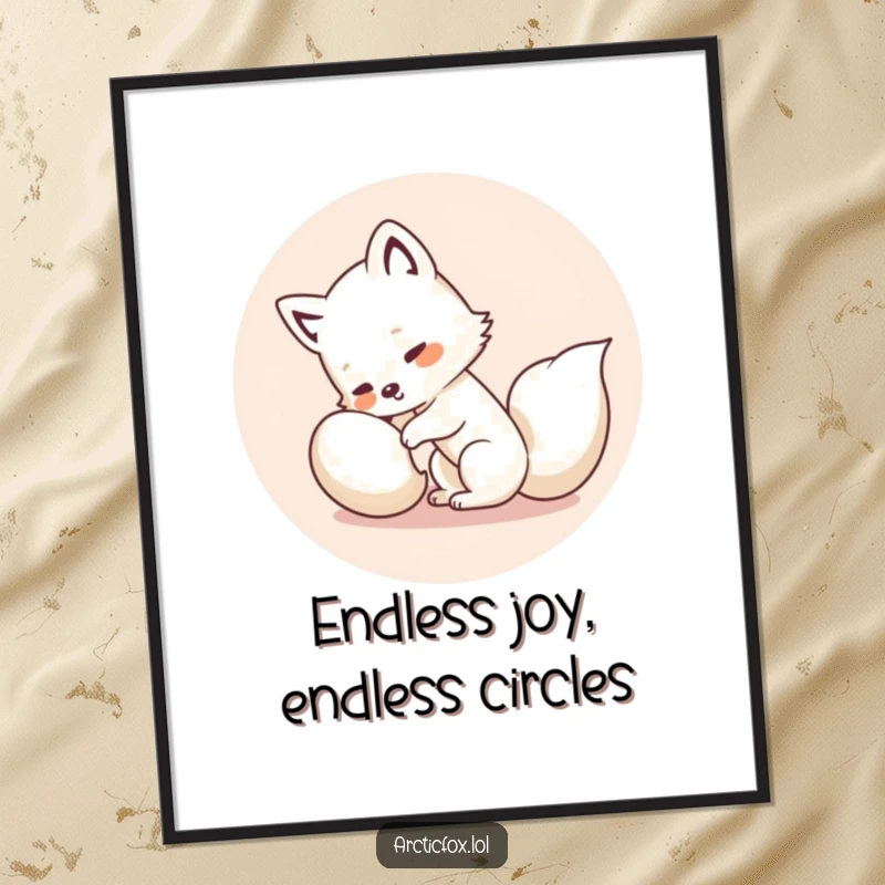 Hilarious free printable wall art of a cute kawaii arctic fox comically spinning around trying to catch its tail.