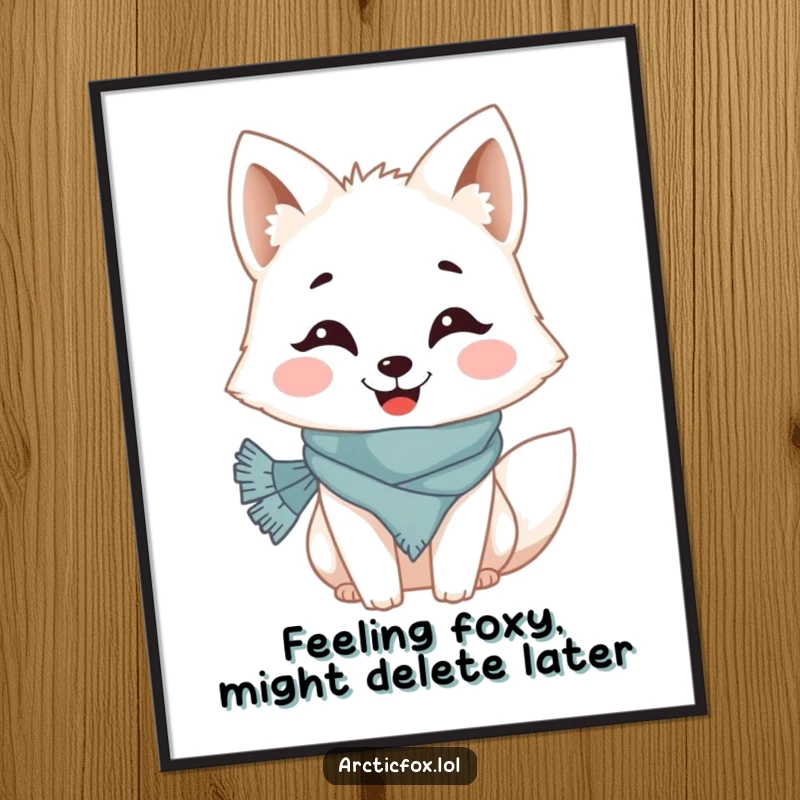 Funny Free Printable Wall Art: Arctic fox with a cheerful grin wearing a tiny scarf, radiating warmth and humor.