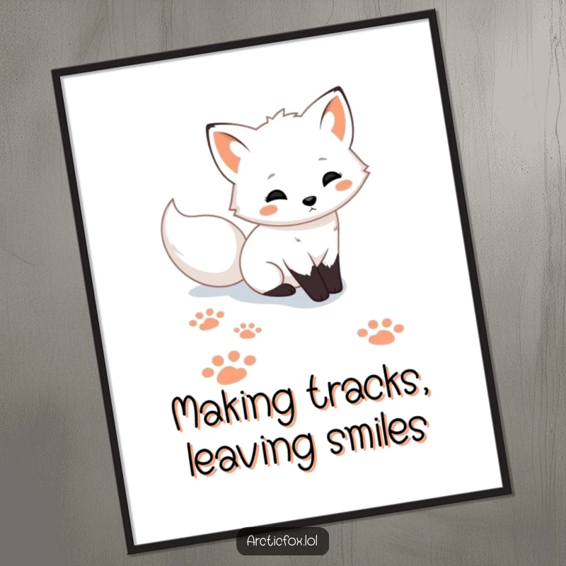 Funny Free Printable Wall Art: Cute Arctic fox leaving playful paw prints in snowy landscape, charming illustration.