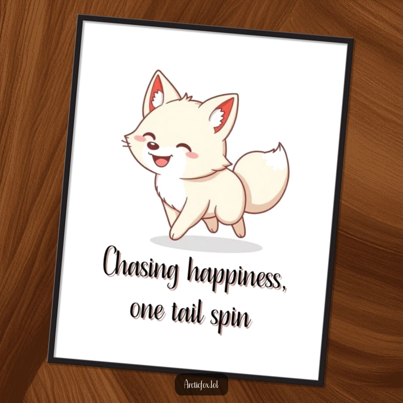 Funny Free Printable Wall Art: A joyful arctic fox with a big grin, caught in a comical spin chasing its tail.