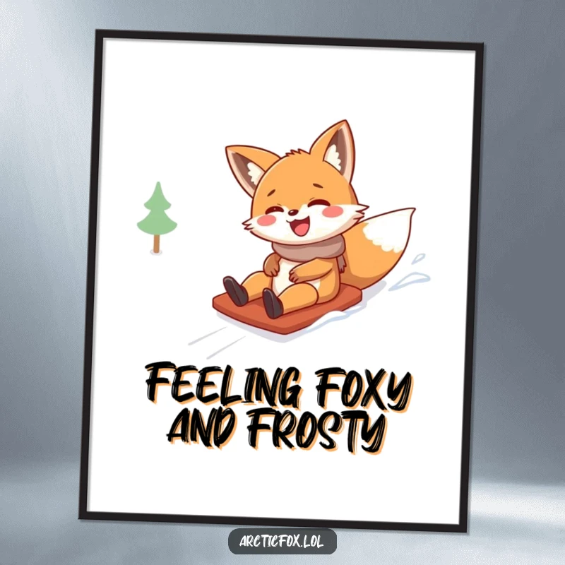 Funny Free Printable Wall Art: A cute fox character with a huge grin giggling while sliding down a snowy hill.