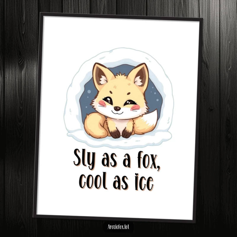 Funny Free Printable Wall Art: Mischievous Arctic Fox with a sly grin, peeking out from a cozy snowy den.